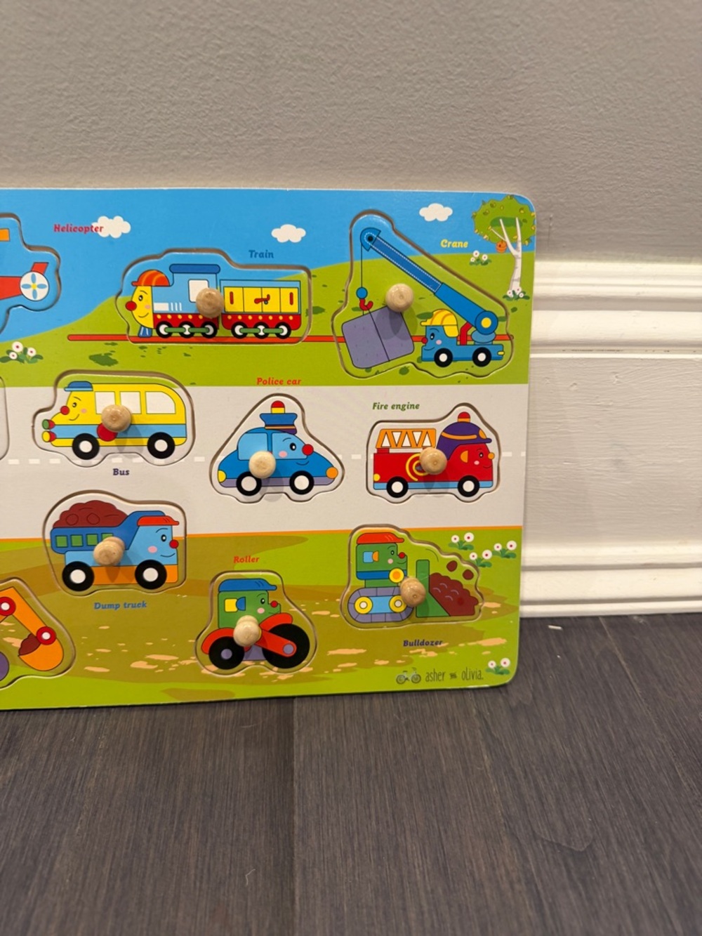 Asher & Olivia Wooden Vehicles Peg Puzzle Colorful Kids Toy Toddler Kids Infant - Picture 5 of 5